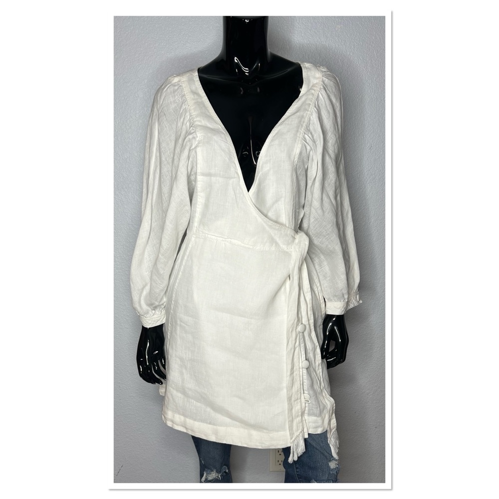 Free People White Linen Plunging Neckline Carino Mini Wrap Dress Size L